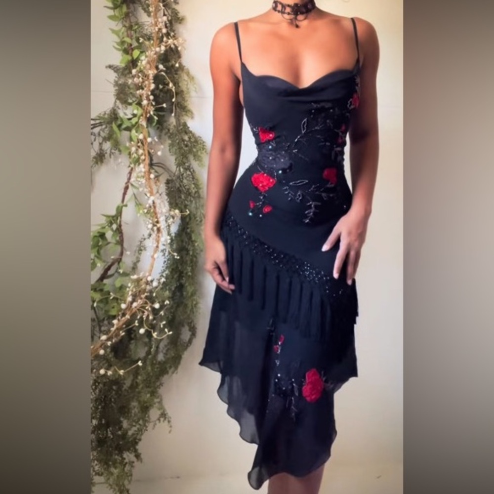 Vintage Y2K 100% Silk Beaded Dress Spanish Fringe Velvet Vintage Beaded Dress